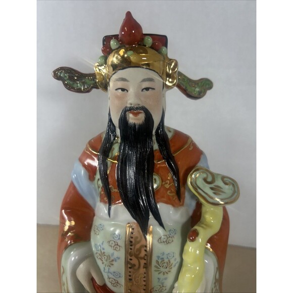 Chinese God Ceramic Statue General Kwan Reishi Mushroom 10” Vintage Asian Decor - Picture 3 of 16